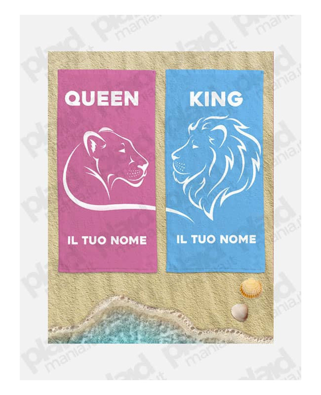 Coppia di Teli Mare Personalizzati con Nome Per Lei e Per Lui – Lion King And Lioness Queen - 90X160 cm