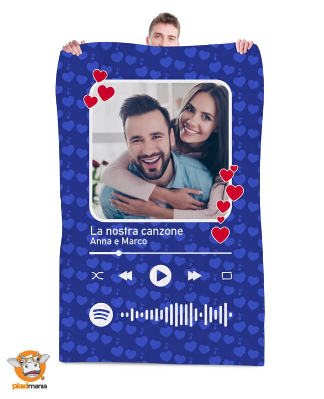 Plaid - Coperta in pile personalizzata con una foto e la tua canzone con Codice Spotify